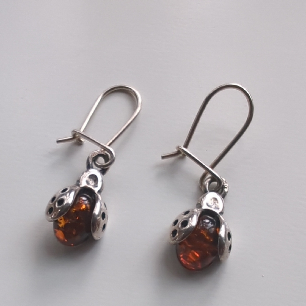 Ladybug Amber 925 Sterling Silver Dangle Earrings